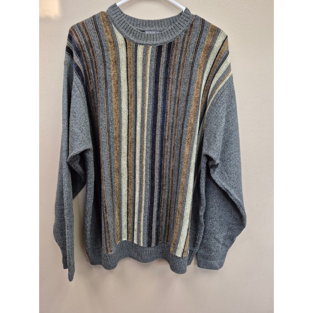 Segreto Italy Sweater XL Coogi Style Striped Knit Wool Blend Gray Mens  Textured